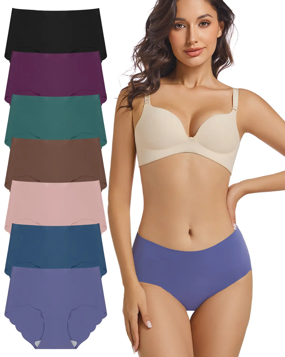 HOIXIN High Waisted Seamless Underwear For Women Full Coverage No Show Panties Sexy Wavy Edge Brief Comfortable 7 Pack S-XL Basic Minimalist Womenwear