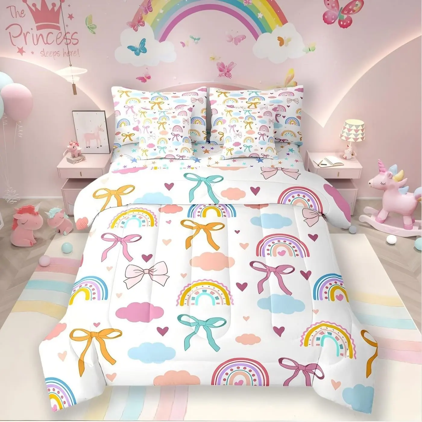 Feelyou 7-Piece Soft Bedding Set - Kawaii Rainbow Watercolor Clouds, Bowknot Blanket, Princess Theme, Breathable Microfiber Quilt & Bedsheet Sets, Breathable Bed Cover, Multi-Size Luxe Bed-in-a-Bag (Ideal for Halloween, Father's Day, Thanksgiving)
