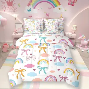 Feelyou 7-Piece Kawaii Rainbow Clouds Bedding Set - Watercolor Clouds, Ribbon Bowknot Design Blanket, Princess Theme Soft Bedding, Breathable Quilt & Sheets, Soft Blanket Comforter, Multi-Size Microfiber Luxe Bed-in-a-Bag