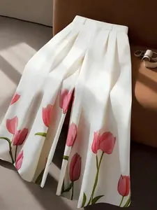 Elegant Women's Long Pants, Woven Straight Leg, Tulip Digital Print, High Waist, Stylish and Comfortable, Perfect for Daily Wear