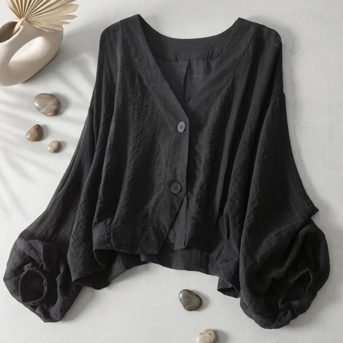 Women's Minimalist Linen Texture Summer Kimono Cardigan Top - Loose, Lightweight, Sun-Protective, Casual V-Neck Long-Sleeve Blouse with Black, White Options, Tops, Elegant, Plain, Cardigan Sweaters