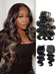 AUROO Black and Platinum Blonde Highlight Bundles with 4x4 HD Transparent Lace Closure Body Wave Human Hair, 12A Virgin Thick Track Ombre Skunk Stripe Bundles with Natural Black 4X4 Human Hair Closure Pre Plucked