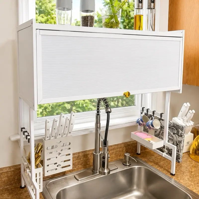 Over-the-Sink Dish Drying Rack Kitchen Organizer with Roll-Up Cover