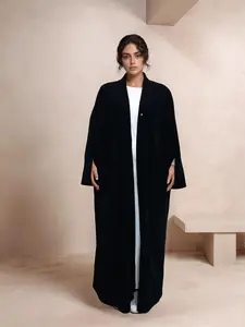 Women's Solid Button Long Sleeve Abaya Coat, Casual Corduroy Open Front Longline Outerwear for Fall & Winter, Women's Islamic Clothing for Daily Wear, Modest Muslim Outfits