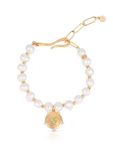 Eternal Gleam Pearl Bracelet – 18K Gold Plated with Freshwater Pearls & Peridot Crystal Pendant, Elegant Adjustable Jewelry
