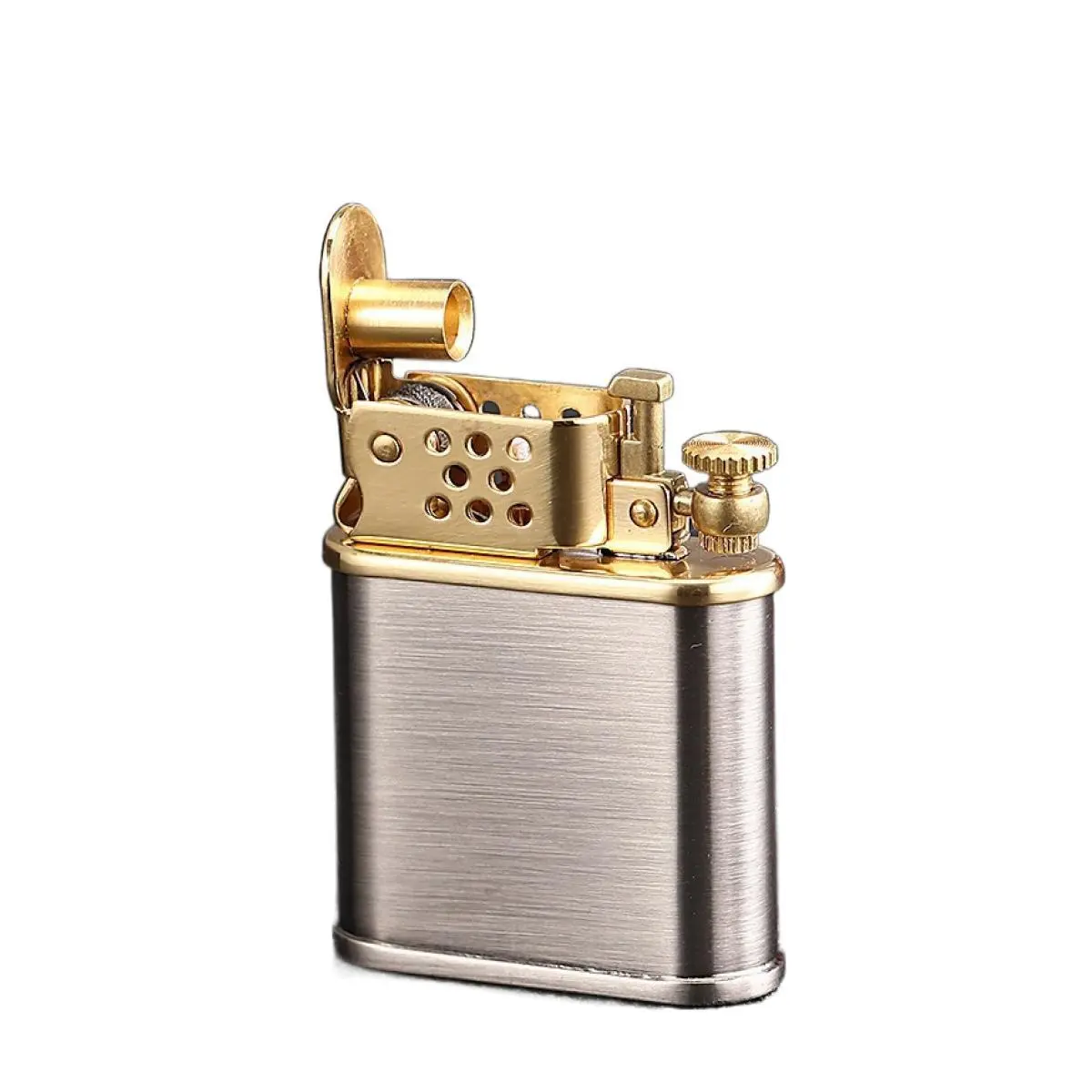 Z561 Antique Silver Brushed Vintage Pure Copper Automatic Lighter - Push Button Push-Ignite, Compact Safe Structure, Lightweight Metal Car Interior Accessory, Gift Box Packaged, Ideal for Outdoors Adult Holiday Gifts, No Fuel Included