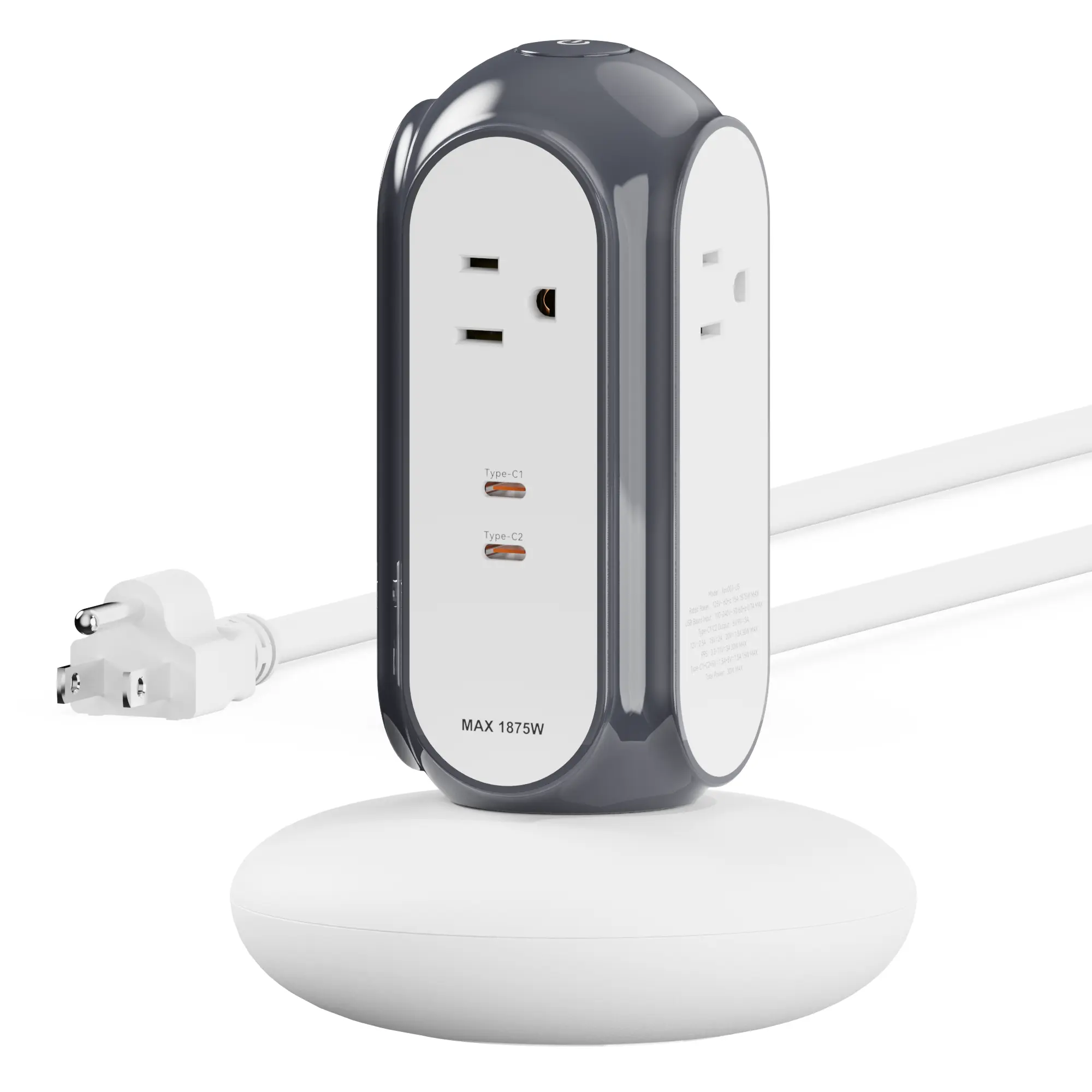 MiaoLab Tower Power Strip with Plug, Roly-Poly Base, Flame Retardant, 4 Outlets, 2 USB-C 30W Fast Charging, 1420J Surge Protector, Compact Socket Extender for Desk Setup, Phones & Tablets