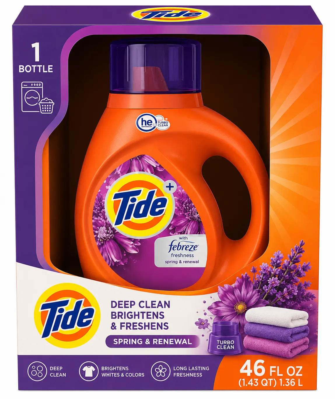 Tide + Febreze Freshness Liquid Laundry Detergent, Spring & Renewal Scent, 46 fl oz (1.36 L), Deep Clean, Brightens Whites & Colors, HE Compatible