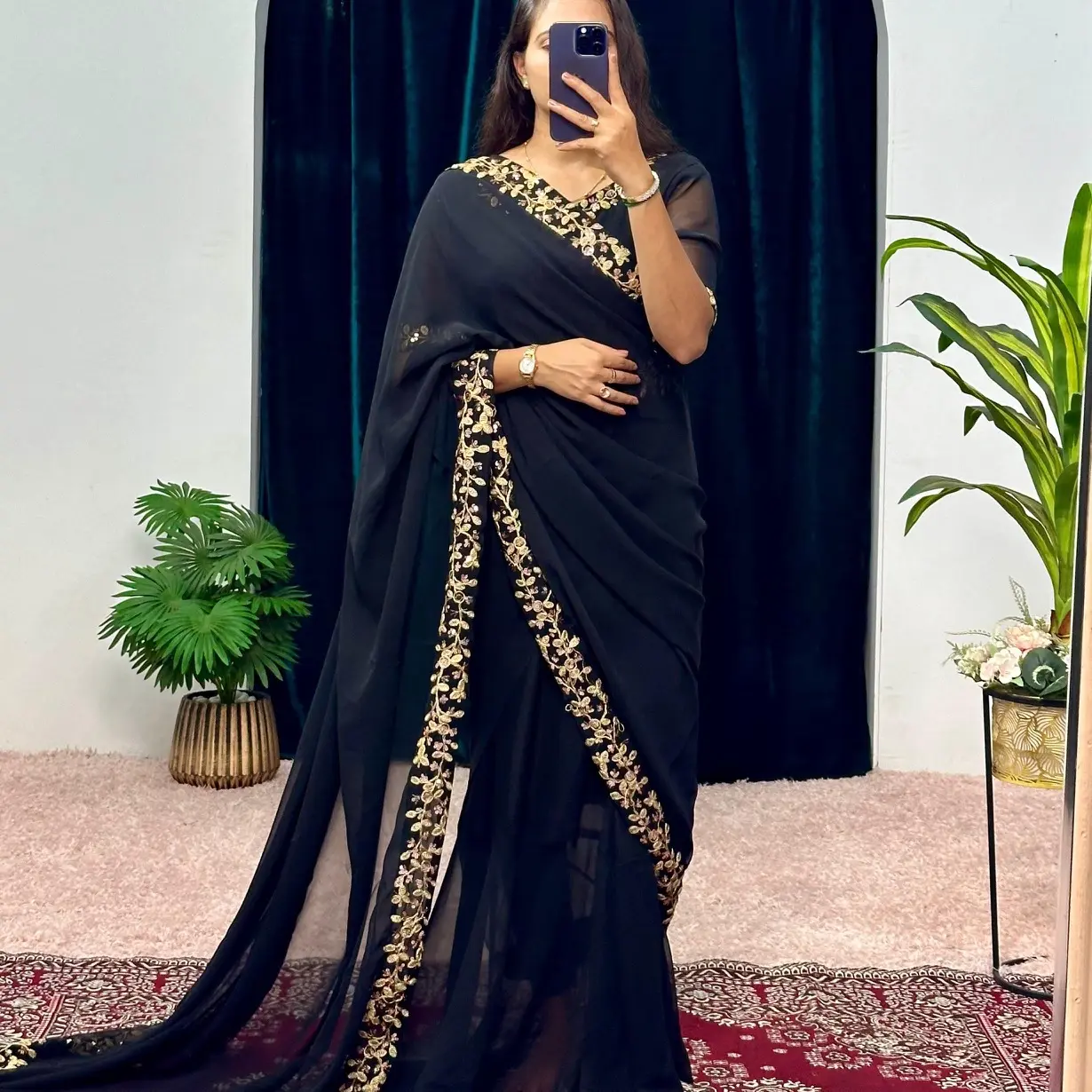 Gown Saree 1-Min Ready to Wear Saree-Gown Size 38 Premium Faux Georgette with Embroidery Lace Full Flair Stitched