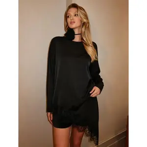 Women's Spring Summer Black Asymmetric Lace Satin Shirt Long Sleeves, Loose Lace Trim Women's Top for Daily Looks, causal Outfits, Casual Classy Top