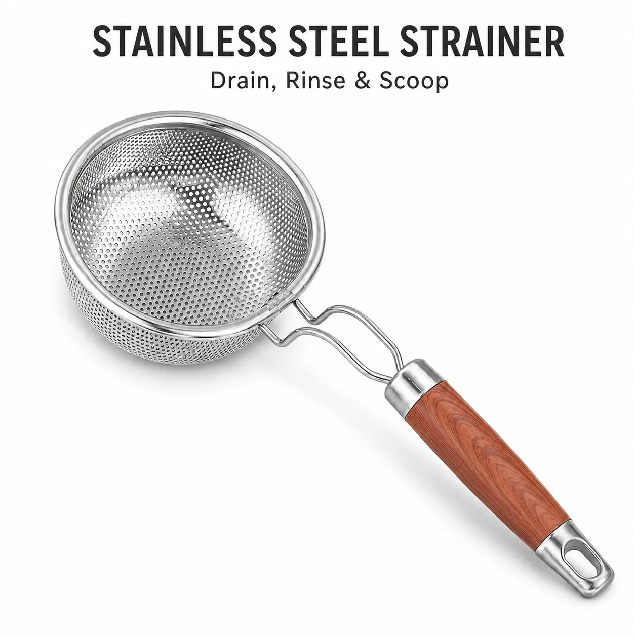 Stainless Steel Spider Strainer with Heat-Resistant Wood Handle, 4.9 in Deep Fine Mesh Skimmer Basket for Frying, Noodles, Pasta, Fruit & Kitchen Draining
