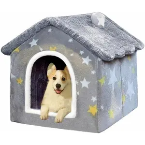 Gray Star Patterned House Shaped Pet Bed Cozy Soft Plush Indoor Pet House for Cats & Small Dogs Warm Enclosed Pet Cave Bed Detachable and Washable