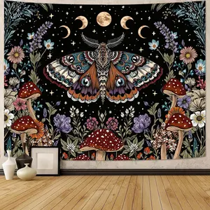 Neasow Hippie Witchy Moth Tapestry, Moon Mushroom Aesthetic Floral Wall Art, Mystic Moon Phase Decor for Living Room Bedroom Home, 44x60 inches