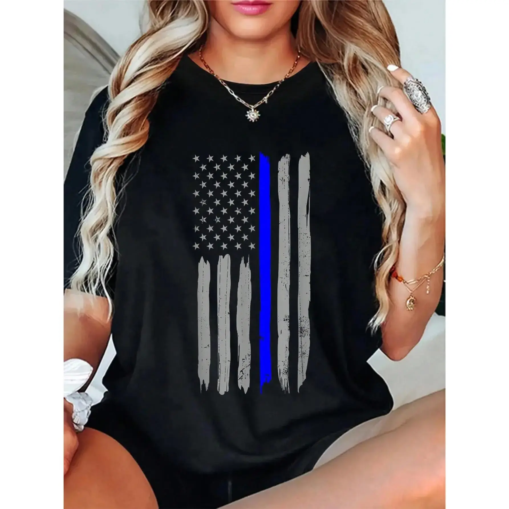 Women's Vintage Short-Sleeve Cotton Tee, Thin Blue Line Police Support USA Flag Crew Neck Top, Breathable Fabric Everyday Casual Comfy Soft Shirt