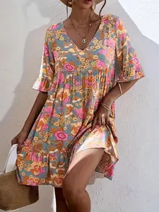 Plus Size Boho Floral Print Ruffle Dress Casual Wear Summer | V-Neck | Flutter Ruffled Butterfly Sleeve | Curvy Women Vacation Wear