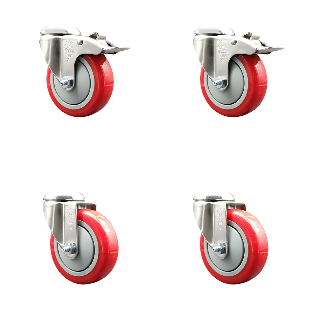 Service Caster SCC-SS316BHTTL20S414-PPUB-RED-2-S-2 Polyurethane Swivel Bolt Hole Caster with 4 in. Red Caster Wheels - 316 Stainless Steel Casters - Set of 4