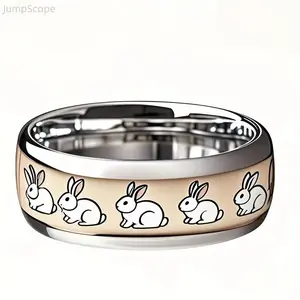 Stainless Steel Rabbit Ring, Cute Bunny Engraved Dome Band, Hypoallergenic Silver Stackable Ring, Minimalist Kawaii Animal Jewelry for Daily Wear & Gift Giving