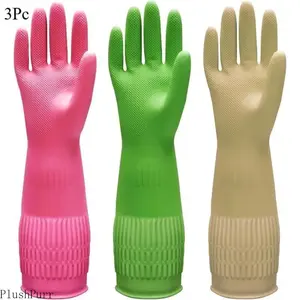 Sports Gloves, 3 Pairs Rubber Dishwashing Gloves, 15" Long Cuff, Waterproof, Flexible, Long-Lasting, Non-Slip, Red+Yellow+Green, Extra Large, for Kitchen & Household Cleaning, Three Pairs