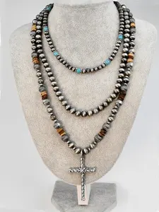 Vintage Turquoise Texture Cross Design Pendant Necklace, Unisex Boho Style Beaded Necklace, Jewelry for Women, Fashion Jewelry Accessories for Women & Men, Gifts for Girlfriend fashion necklace