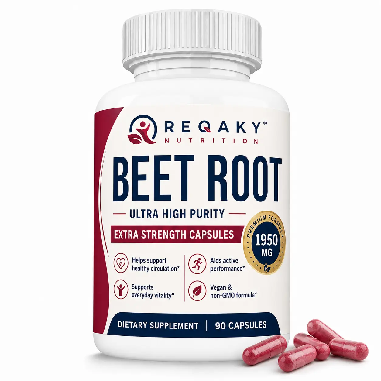 Reqaky Organic Beet Root Capsules with Natural Nitrates - Daily Energy Support, Vitality Boost, Healthy Circulation Aid - Clean Plant-Based Vitamin Supplement, 90 Count