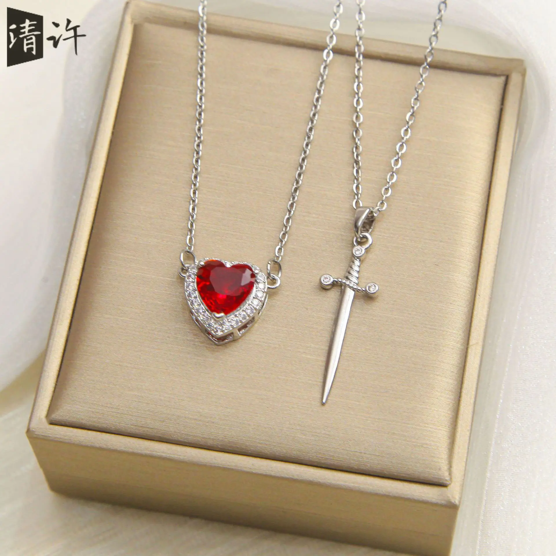 Cupid's Arrow Through Heart Necklace, Valentine's Day Red Zircon Heart and Sword Pendant with Titanium Steel Chain