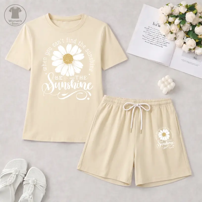 Women's 2-Piece Sunflower Graphic Clothes Set - Shortleeve Round Neck T-Shirt, Drawstring Shorts, Comfortable Breathable Lightweight Fabric, Minimalist Outdoor Casual Outfit for Daily Wear, Vacation