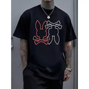 Men's Graphic Short-Sleeve Round Neck Cotton Top, Red And White Bunny Skull With Crossed Bones Design, Playful-Edgy Vibe Streetwear Casual Tee For Unique Wardrobe Touch