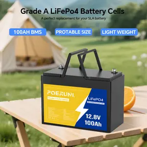 POERUNI 12V 100Ah LiFePO4 Battery With Ergonomic Handle & BMs Technology - 200A Series High-Current Solar Charging, Lightweight & Durable Lithium Battery For Home, RV, Boat, Off-Grid, Electric Vehicles, Power Storage, Batteries, Batterie Solaire