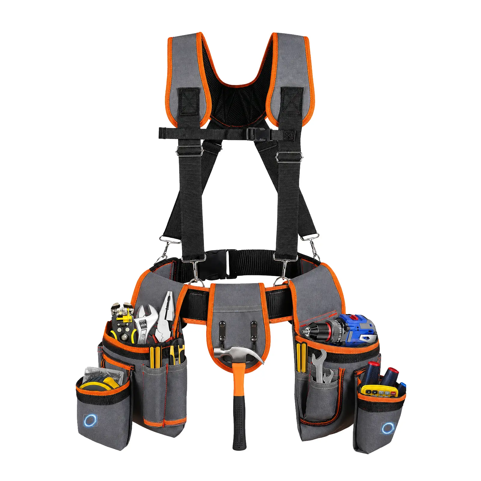 Heavy Duty Tool Belt with Suspenders - Oxford Fabric Construction Tool Pouch, 18 Detachable Pouches, Quick Release Buckle, Padded Comfort Harness, Adjustable Fit (32-66 in Waist), Gray Orange for Motorhome Maintenance, Framing Work, Multiple Tools