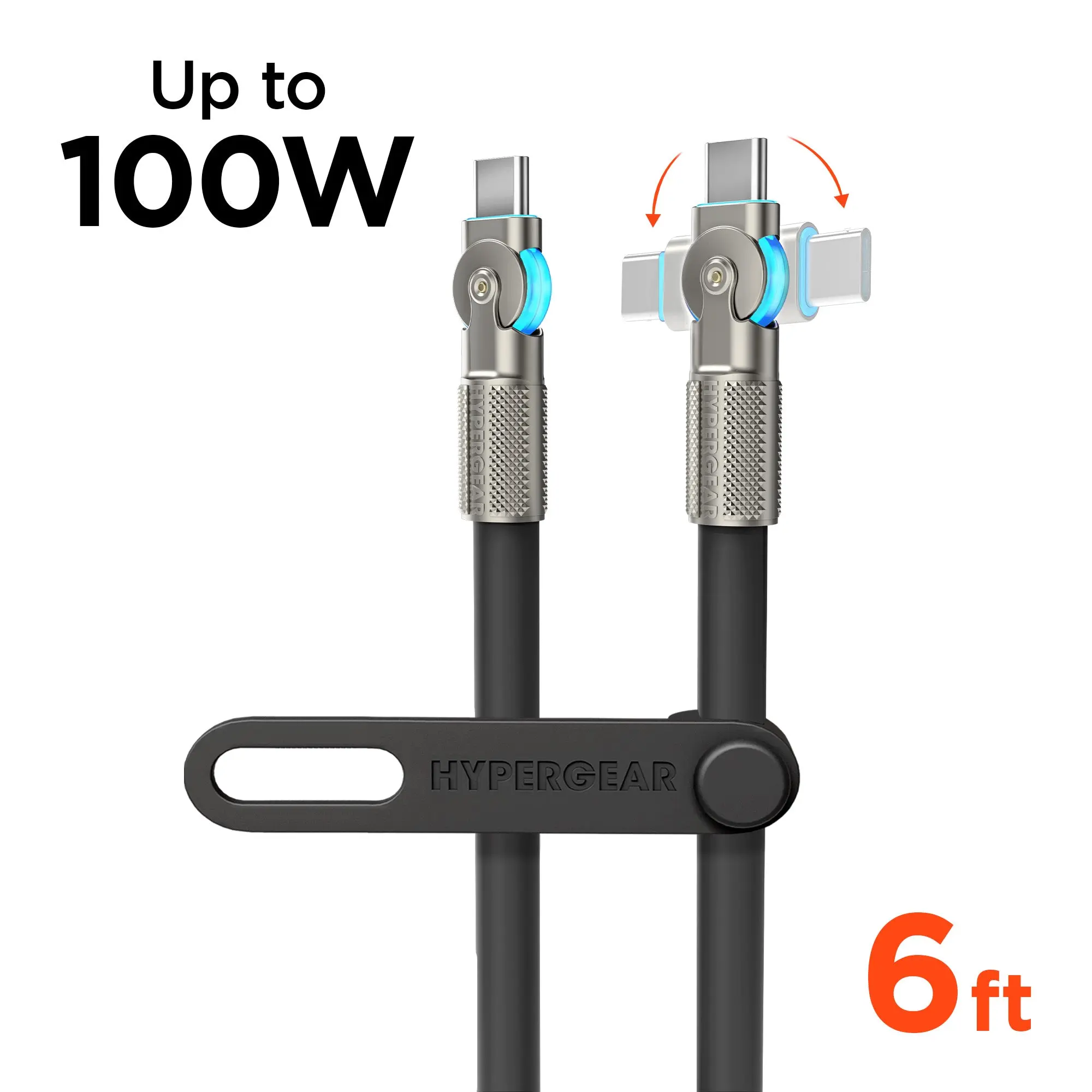 100W USB-C to USB-C Chunky Rugged Fast Charger Cable - 6 ft length, Rotating Tips, 180° Design, Zinc Alloy, Black, Compatible with Smartphone, Cellphone & Mobile Devices