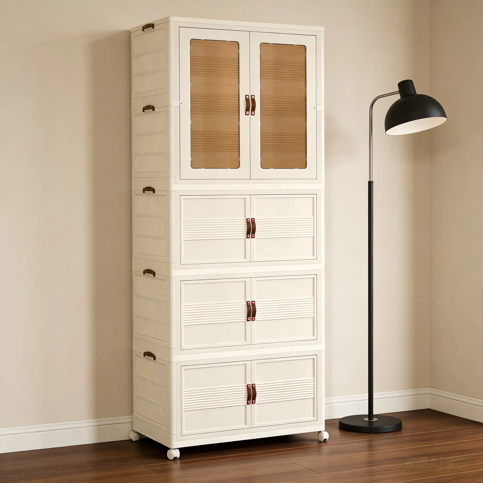 Space-Saving Folding Freestanding Cupboard - Stackable Plastic Storage Organizer Bin with Wheels, Magnetic Door, for Closet, Dorm Room Ideas, Space Saving Furniture, Stackable Storage