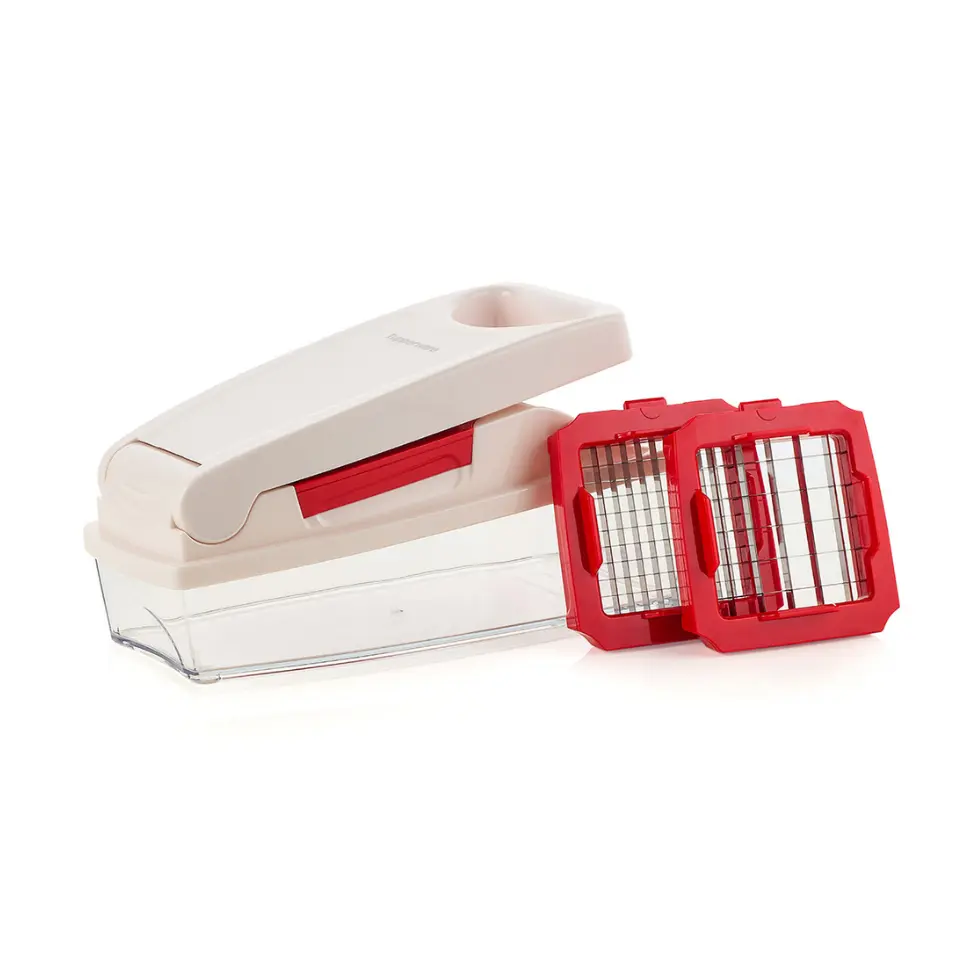 Tupperware Super Dicer 3.7 Cup Container with 3 Sharp Blades for Fruits Vegetables 875ml Base Non-Slip Feet Safety Rings Easy Cleaning PP Stainless Steel