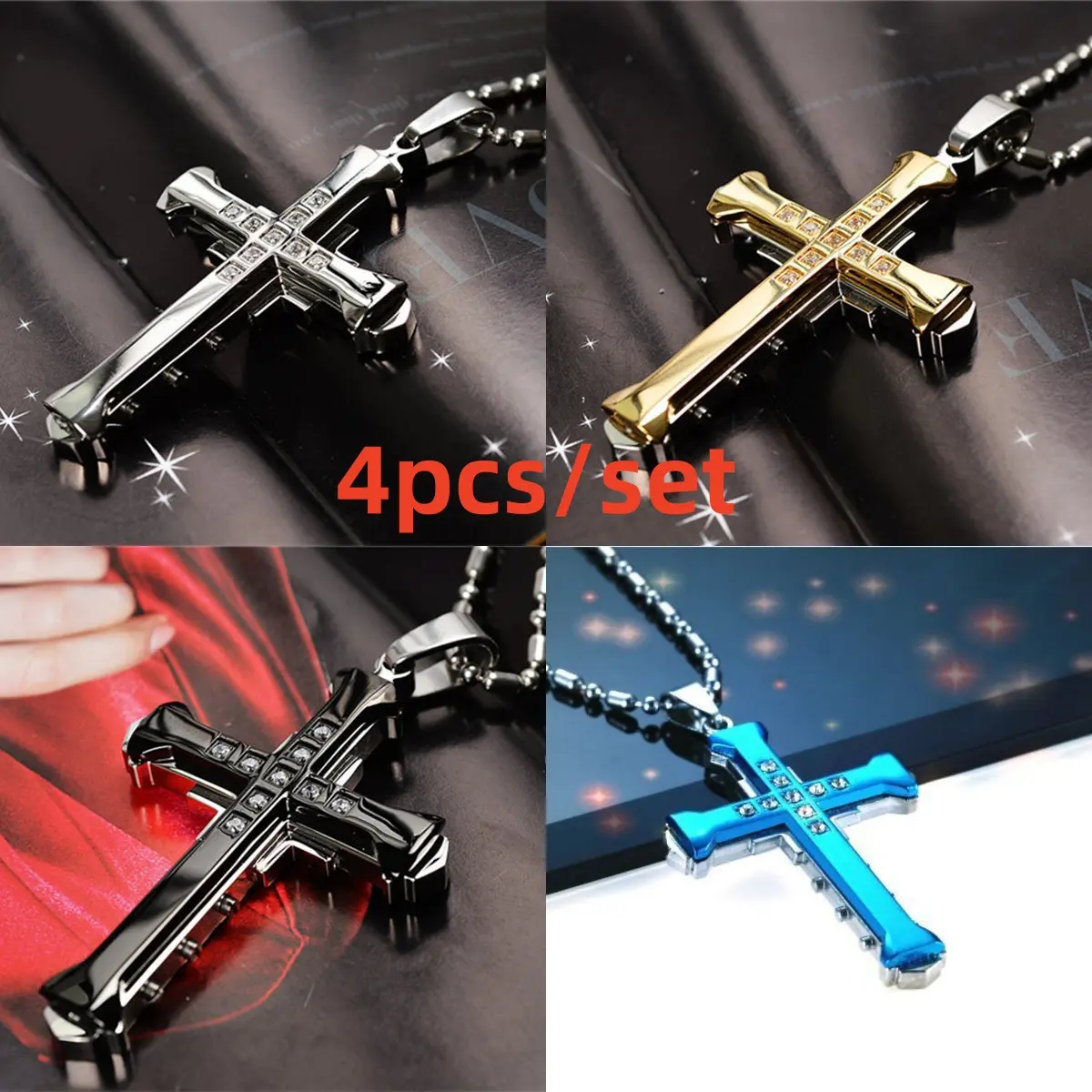 4pcs/ set Men's inlaid Synthetic Zirconia cross pendant necklace, classic jewelry, holiday gift