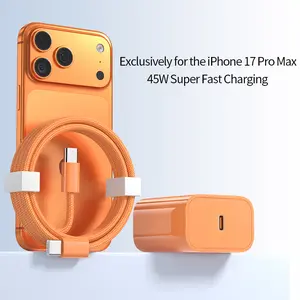 45W fast charger set compatible with iPhone 17 Pro Max; portable orange charger set for iPhone 17 Pro; charging head set for iPhone 17; convenient iPhone charger; Type‑C fast charger; 6.6 ft/3.3 ft; PD fast charging tablet set.