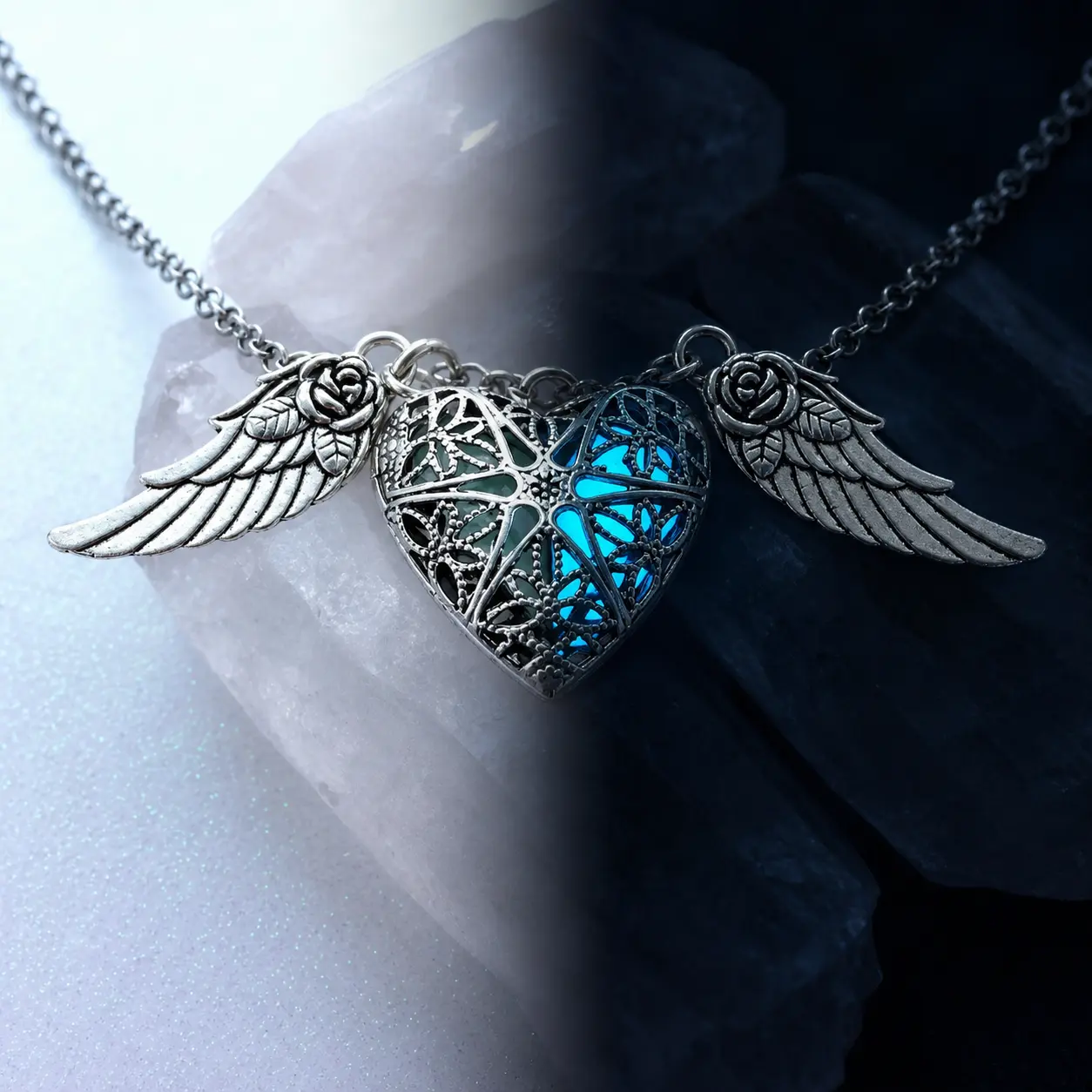 Virelyn B Glow-in-the-Dark Gothic Heart Locket Necklace with Angel Wings - Vintage Costume Fashion Accessory