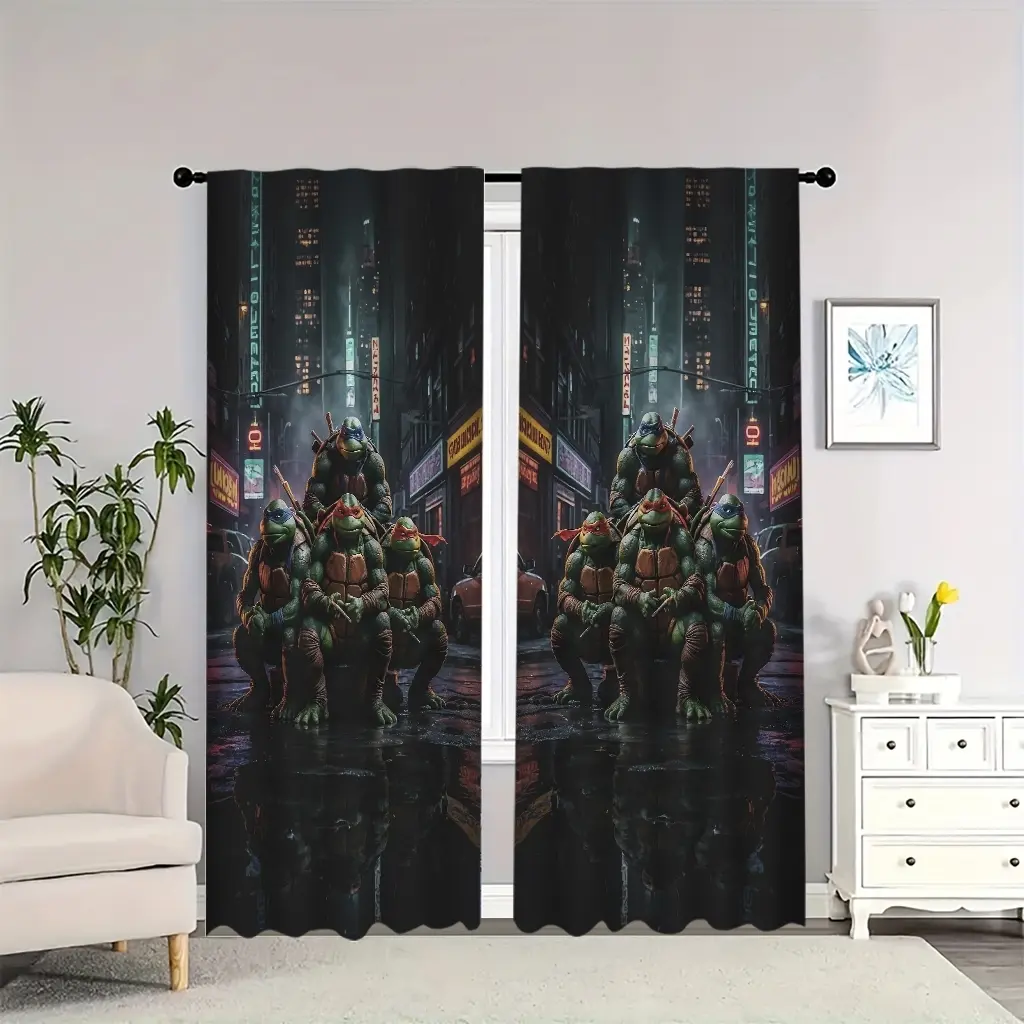 Teenage Mutant Ninja Turtles themed city night scene indoor curtains, blackout, heat-insulating, and soft, suitable for home décor, Thermal Insulated Curtain, Blackout Bedroom Curtains