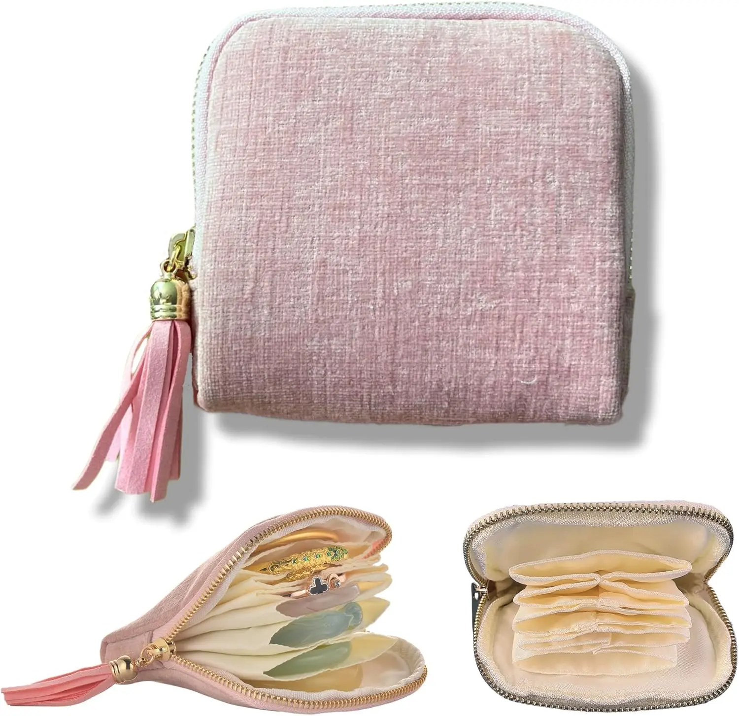 Travel Jewelry Case, Valentine's Gifts for Women, Portable Organizer for Rings, Bracelets, & Bangles with Tassel Zipper, Elegant Jewelry Roll for Journey, Crystal Jewelry Storage Pouch, Mini, Organized Pockets,back to school,back to school haul