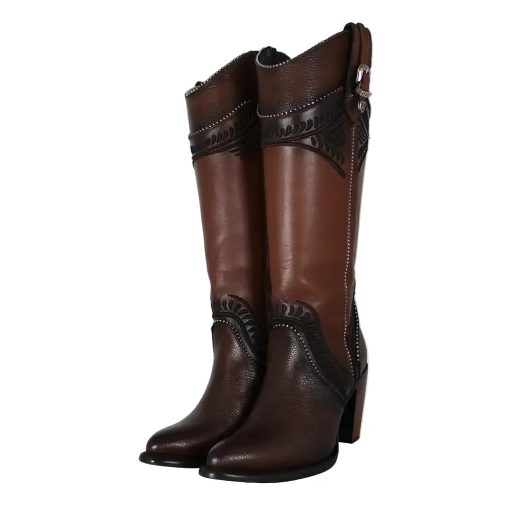 Gigi Cuadra High Heel Boot - Women's Leather Walking Shoes with Organic Embroidery & Decorative Metal Buckle - Comfortable Fit & Versatile Design