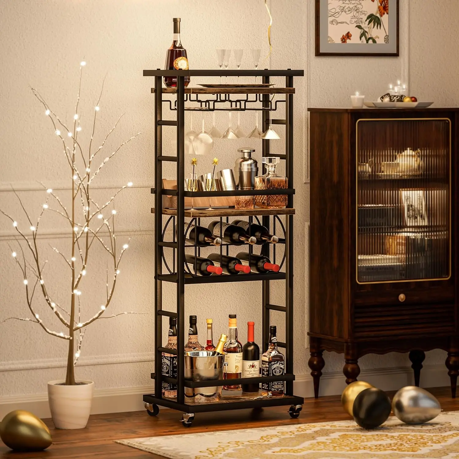 Rustic Industrial Metal Rolling Bar Cart with Wheels - 4-Tier Freestanding Floor Kitchen Serving Trolley with Wine Rack, Glass Holder for Home, Living Room