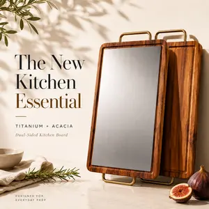 Titanium Cutting Boards for Kitchen, Reversible Acacia Wood Cutting Board, Metal Cutting Boards with Juice Groove and Handle, Versatile Board for Meat and Vegetables Chopping Knives Stainless Steel Wooden
