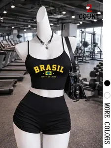 Y2K Brazil Style Sweet Spicy Set, Brasilia Halter Top & Ruched Shorts, Youthful Chic, Brazilian Flag Print, Casual Two-Piece