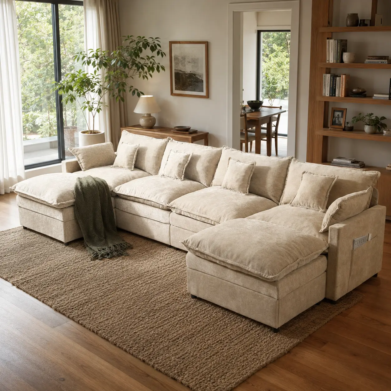 CAODOC Modern 142" U-Shaped Modular Sectional Sofa, Comfy Camel 4-Seater Chenille Cloud Sofa with 2 Movable Ottomans, Deep Seat, Thick Cushions & Solid Wood Frame for Living Room, Fixed Arms