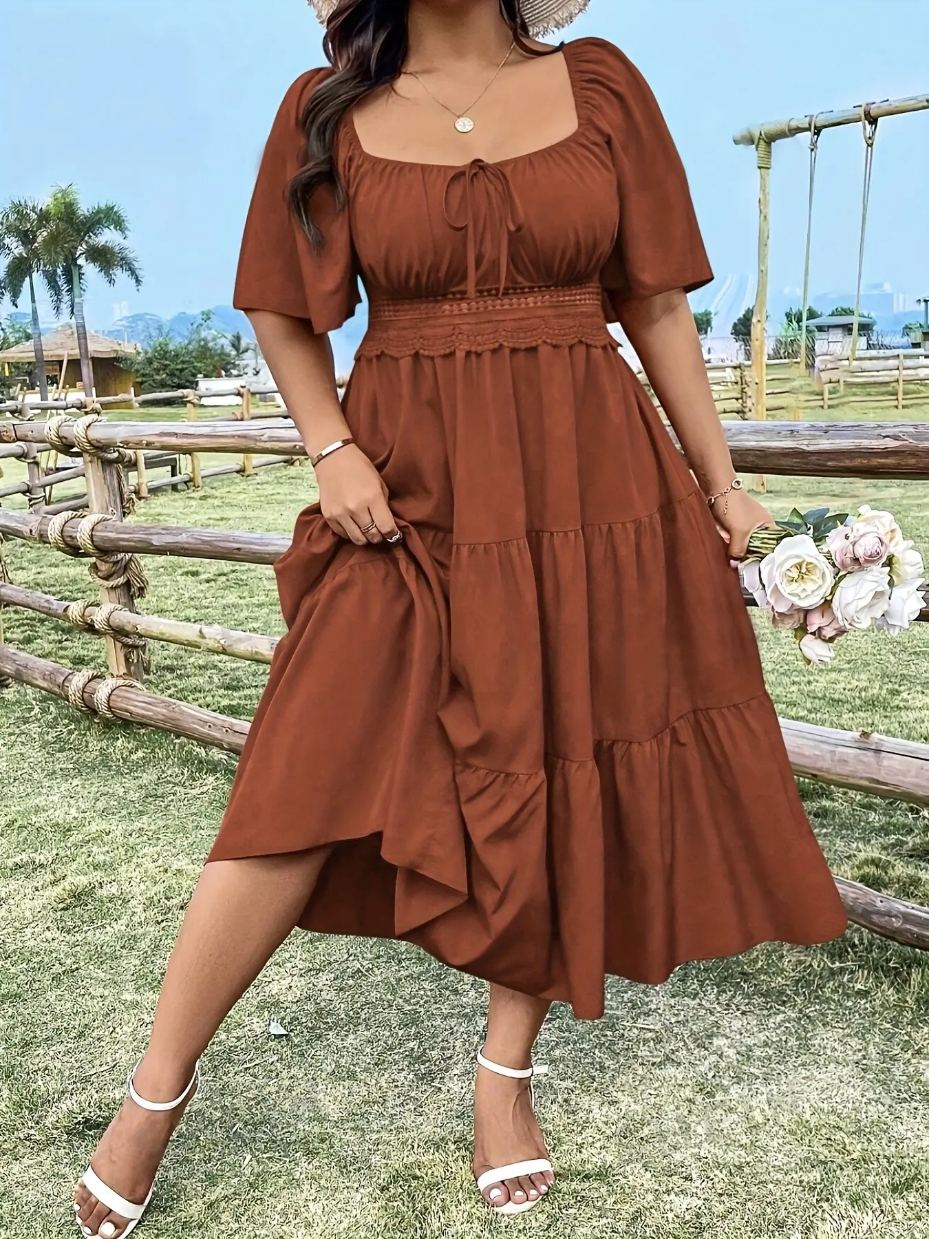 Women's Plus Size Chic Fashion Casual Lace Patchwork Dress, Midi Length, Loose Fit, Short Sleeve, Woven Fabric, All Seasons, Elegant Style, Womenswear, Casual Loose Sundress