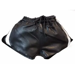 Men Black Real Leather Shorts w/ Elastic Band