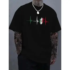 Regular Fit Heartbeat & Mexico Flag Print Round Neck T-Shirt Casual Fashion Top Tee For Daily Wear Made In USA For Women For Men [CoreVarsity.us 180G/230G  short-sleeve/hoodie, soft and comfortable]