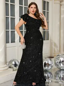 【Plus Size】 Glitter Sequins Maxi Dress, Elegant Oblique Shoulder Formal Evening Party Gown, Formal Wear, Women's Clothes for All Seasons