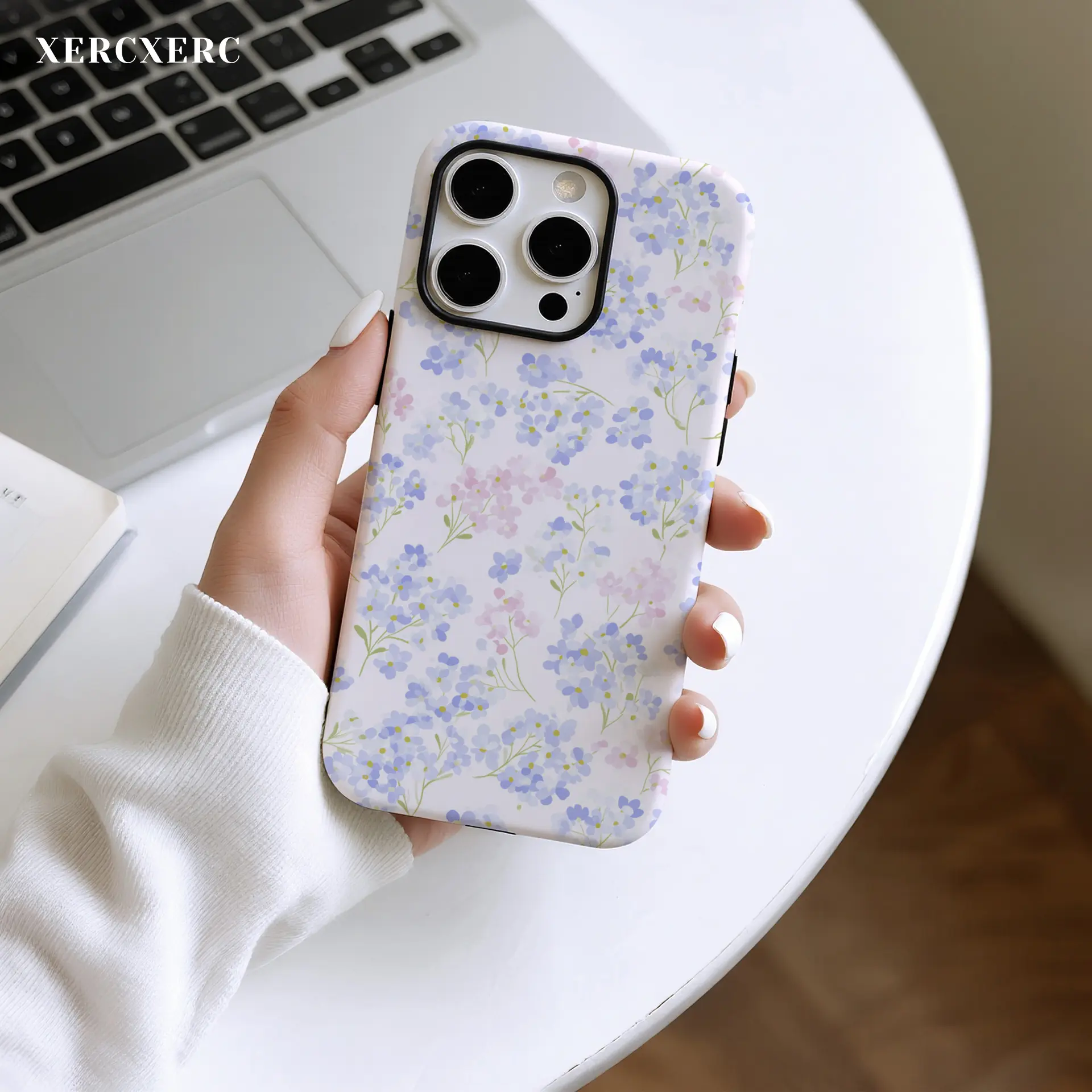 2-in-1 Smartphone Case with Blue & Pink Floral Print, PC Hard Outer Shell, TPU Soft Inner Lining, Large Window, Matte/Glossy Finish for Handheld Cellphone Devices 11-17 Pro ProMax Air - Drop & Scratch Protection, Casing