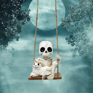Skeleton & Ghost Cat Swing, 1 Count Halloween Decoration, Hand-painted Resin Hanging Decor for Garden Scenes, Festive Seasonal Party Display, Ornaments