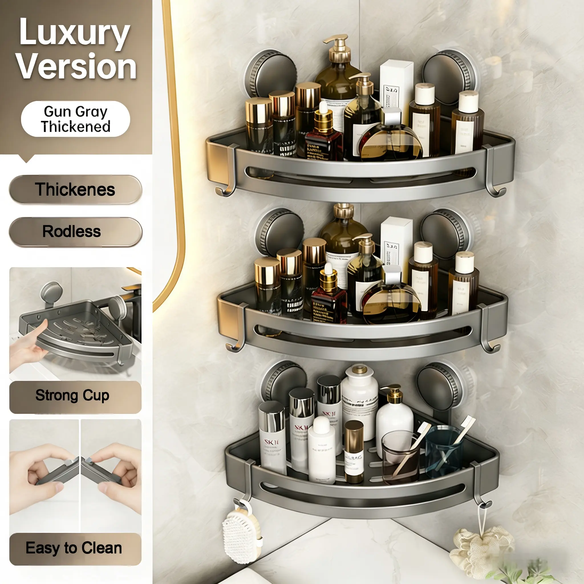 2026 Upgraded Aluminum Triangle Shower Caddy, 1/2/3-Tier Corner Shelves, Drill-free Suction Cup Wall Mount,Rustproof Bathroom Shower Organizer with Towel Hooks,Wall Mounted Storage Rack,Stainless Steel Bathroom Accessories Set,Mother's day gifts tiktoksho