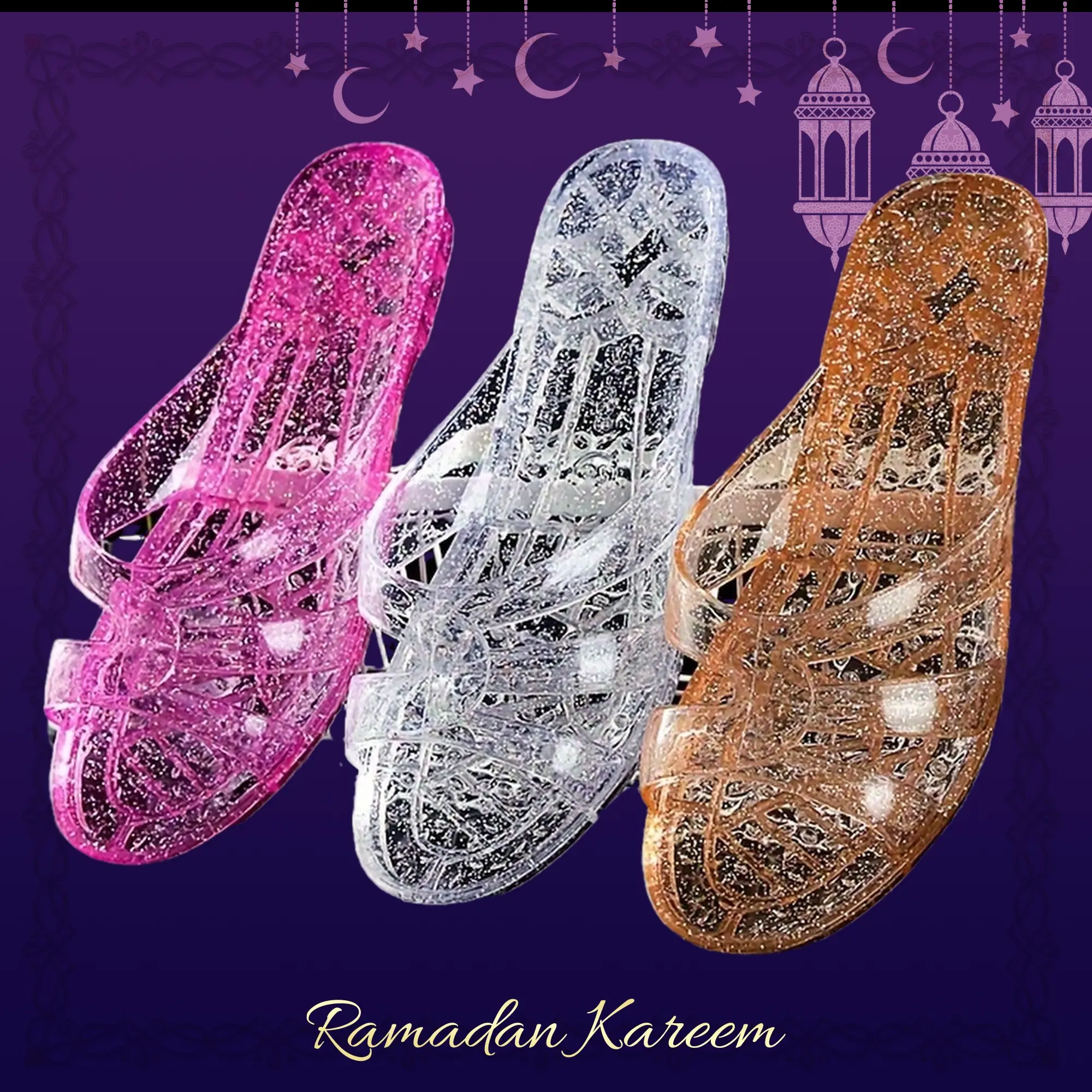 Women's Crystal Jelly Slide Slippers with Faceted Strap, Casual Flat Slip-On Footwear for Summer Beach and Home Use